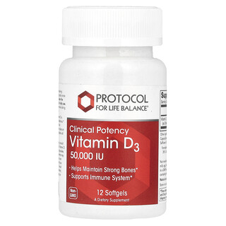 Protocol for Life Balance, 維生素 D3，科學證明效力，50,000 國際單位，12 粒軟凝膠