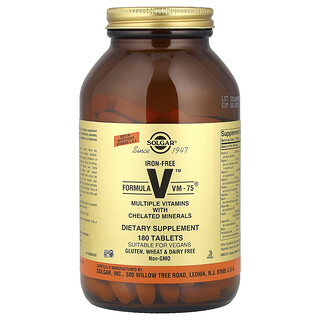 Solgar, Formula V VM-75 多維生素，含螯合礦物質，無鐵，180 片