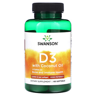 Swanson, 含椰子油的 D3，優效，50 微克（2000 國際單位），60 粒軟膠囊