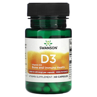 Swanson, 維生素 D3，25 微克（1,000 國際單位），60 粒膠囊