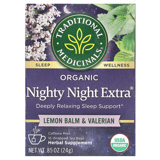 Traditional Medicinals, 有機 Nighty Night Extra，蜜蜂花和纈草，無咖啡萃取，16 獨立茶包，0.85 盎司（24 克）