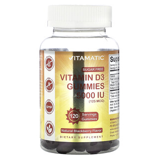 Vitamatic, 無糖維生素 D3 軟糖，天然草莓味，5,000 國際單位（125 微克），120 粒
