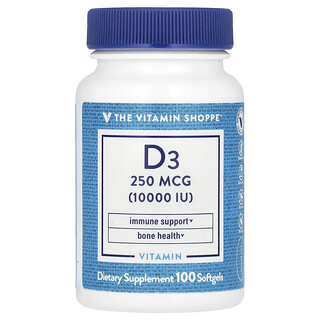The Vitamin Shoppe, 維生素 D3，250 微克（10,000 國際單位），100 粒軟凝膠