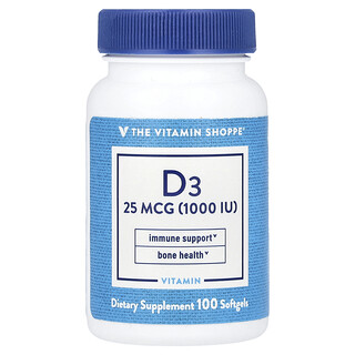 The Vitamin Shoppe, 維生素 D3，25 微克 (1,000 國際單位)，100 粒軟凝膠