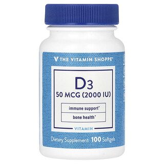 The Vitamin Shoppe, 維生素 D3，50 微克（2000 國際單位），100 粒軟膠囊