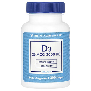 The Vitamin Shoppe, 維生素 D3，25 微克（1000 國際單位），200 粒軟膠囊