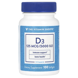 The Vitamin Shoppe, 維生素 D3，125 微克（5000 國際單位），100 粒軟膠囊
