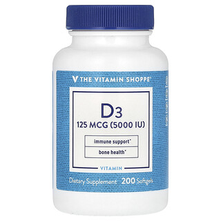 The Vitamin Shoppe, 維生素 D3，125 微克（5000 國際單位），200 粒軟凝膠