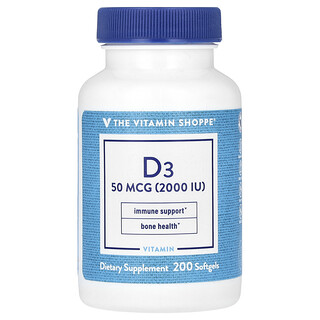 The Vitamin Shoppe, 維生素 D3，50 微克（2000 國際單位），200 粒軟膠囊