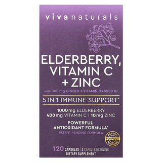 Viva Naturals, 接骨木果，維生素 C + 鋅，5 合 1 機體抵抗幫助，120 粒膠囊