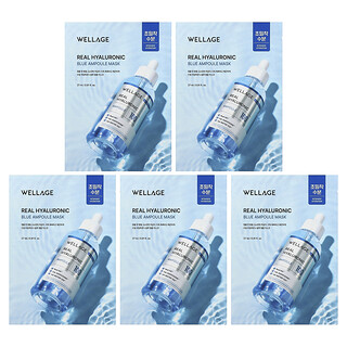 Wellage, Real Hyaluronic Blue Ampoule Beauty Mask, 5 Sheets, 0.91 fl oz (27 ml) Each